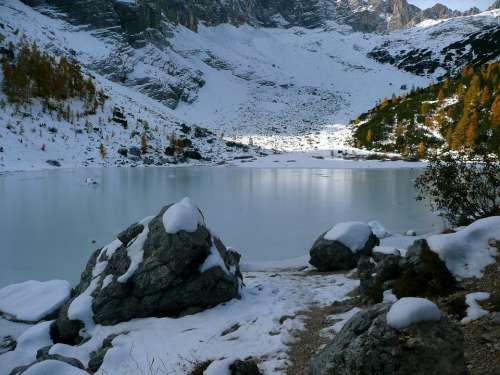 Lake Sorapiss Cortina Belluno Winter Frozen Snow