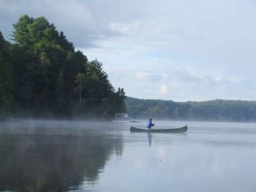 Lake Canoe Nature Mist Reflection Calm Morning