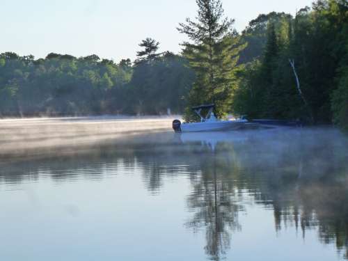 Lake Mist Calm Boat Morning Forest Pine