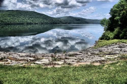 Lake Hills Shore Scene Landscape Sky Clouds