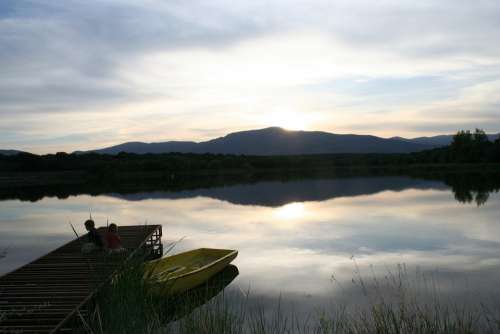 Lake Reservoir Sunset Barca Fishing Children Girl