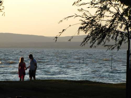 Lake Balaton Water Couple In Love Lovers Afterglow