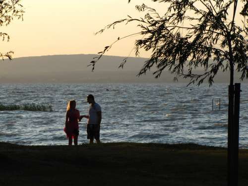 Lake Balaton Water Couple In Love Lovers Afterglow