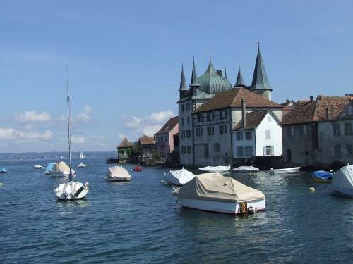 Lake Constance Church Boats Idyll Summer Meersburg
