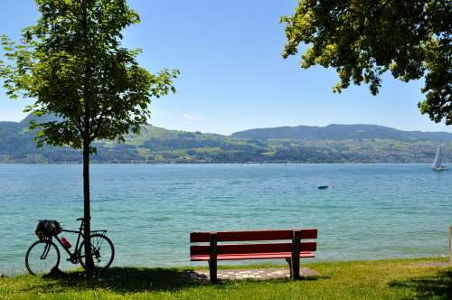 Lake Zurich Park Bench Water Rest Break Landscape