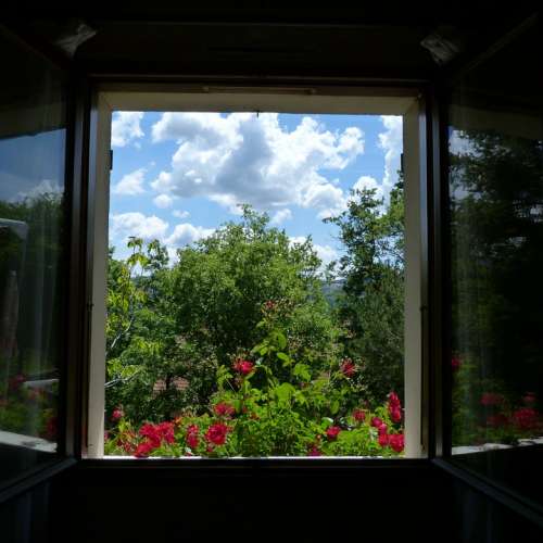Landscape Window Opening Flowers Trees Sky