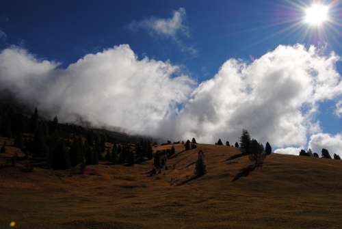 Landscape Mountains Trees Autumn Clouds Sky