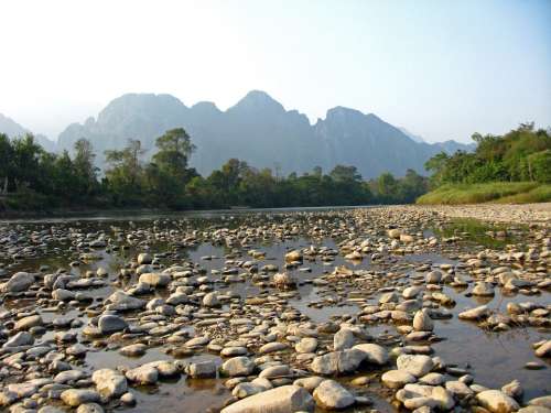 Laos Vang Vieng River Xong Water Stones Mountains