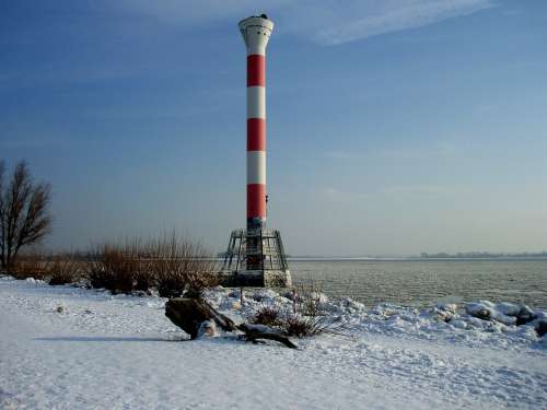 Lighthouse Elbe River Winter Ice Floes Water