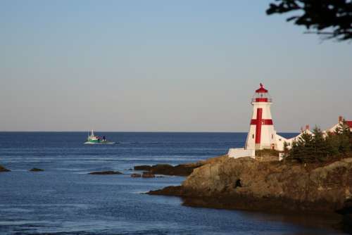 Lighthouse Canada Evening Sea Water Rock Coastal