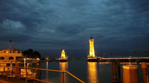 Lindau Port Lighthouse Night Illuminated Idyllic