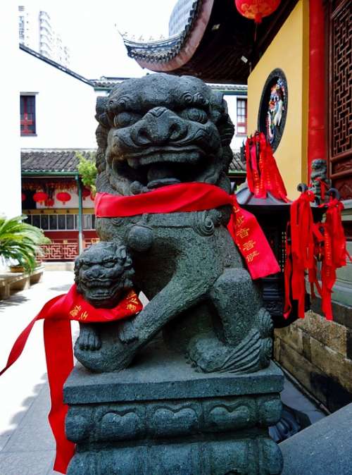 Lion Dragon Sculpture Shanghai China Temple Child
