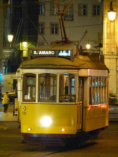 Lisbon Tram Drive Transporting Night At Night