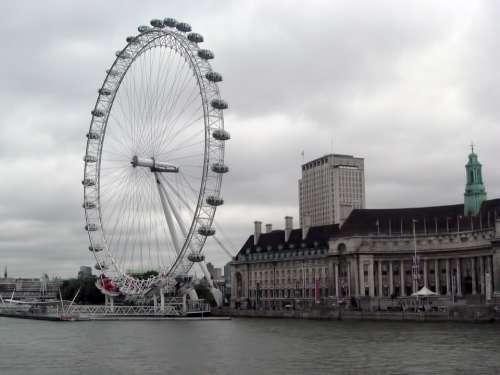 London Eye Ferris Wheel Buildings River Cloudy