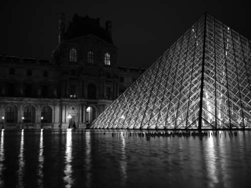 Louvre Paris Night Pyramid Reflections Water