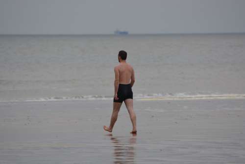 Man Swimming Trunks Sea Swimming Steps People