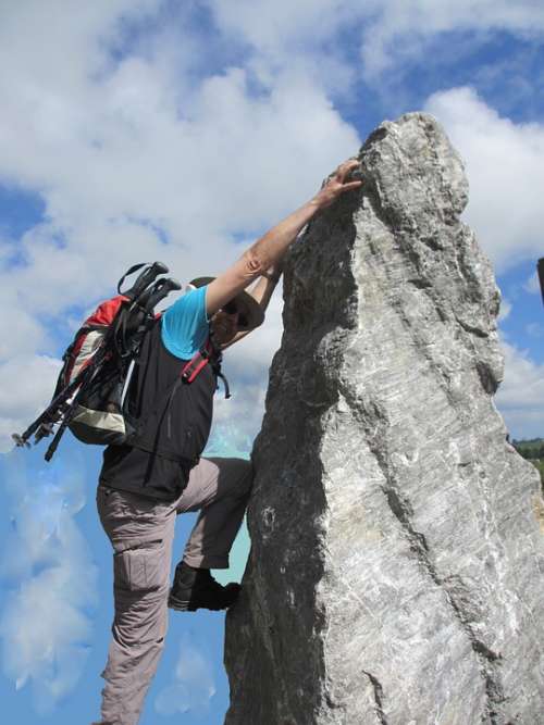 Man Person Climb Mountaineer Rock Steep Sky Blue