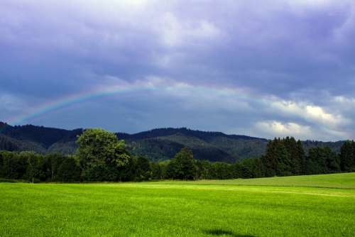 Meadow Clouds Rainbow Natural Spectacle Mood Sky
