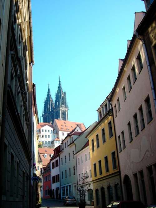 Meissen Dom Towers Alley Row Of Houses Saxony