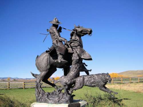 Metal Sculpture Coyotes Horse Cowboy Alberta