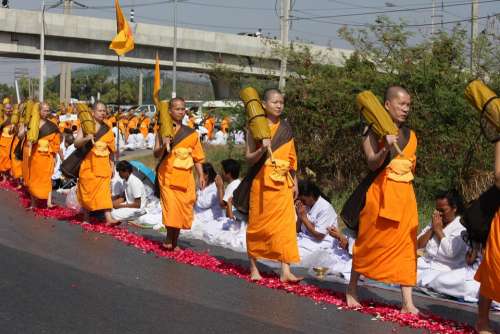 Monks Buddhists Buddhism Walk Orange Robes Thai