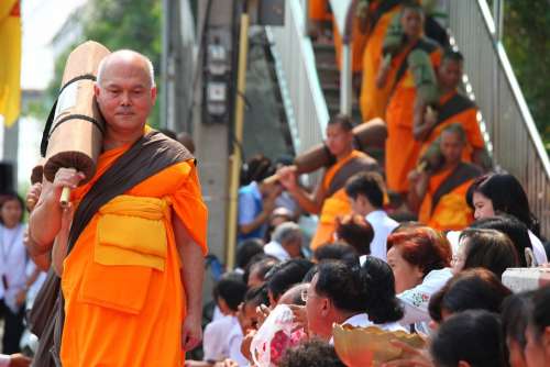 Monks Buddhists Buddhism Walk Orange Robes Thai