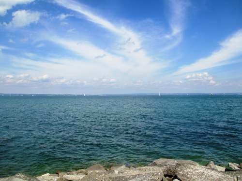 Mood Water Romanshorn Sky Clouds Stones Bank