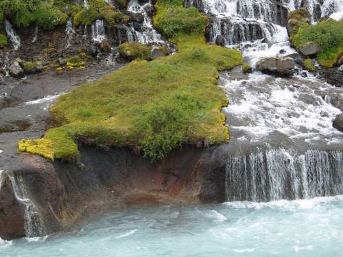 Moss Water Iceland Small Waterfall Rock