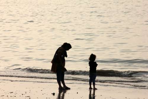 Mother Daughter Parenting Man Beach Coast Ocean