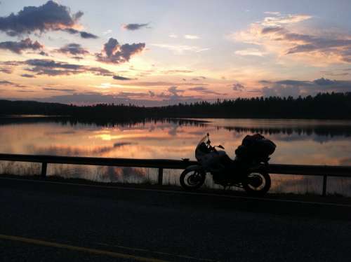 Motorcycle Sunset Lake Freedom Journey Adventure