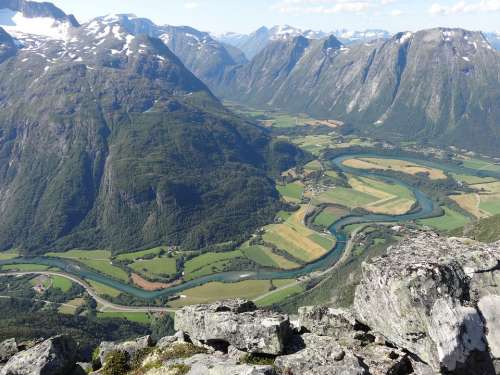 Mountain Nature Valley River Norway From Above