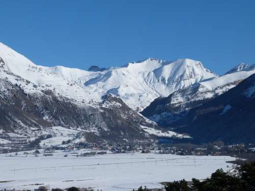 Mountain Snowy Valley Village Alps Calm Landscape