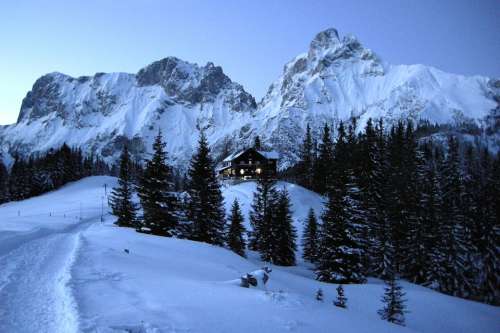 Mountains Alpine Evening Cold Wintry December Hut