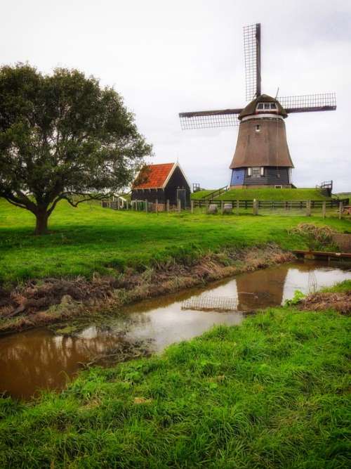 Netherlands Windmill Canal Stream Trees Grass