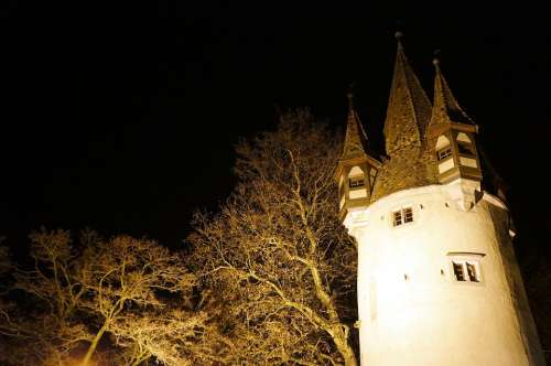 Night Tree Building Tower Yellow Winter Dark