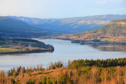 Norway Landscape Mountains River Shoreline Forest