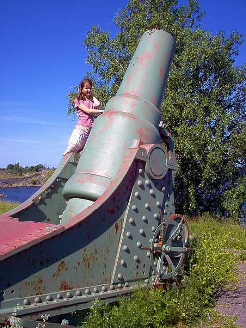 Old Coastal Cannon Cannon Girl Sunny Sky Blue