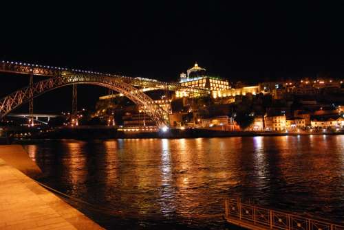 Oporto Portugal Bridge Night River Lights