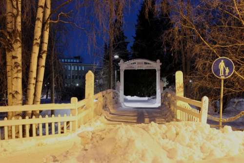 Oulu Finland Winter Snow Ice Night Evening Gate