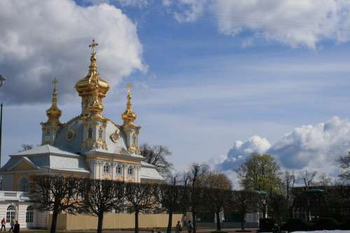 Palace Ornate Garden Sky Clouds Peterhof