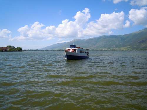 Pamvotis Lake Lake Boat Clouds Ioannina Greece