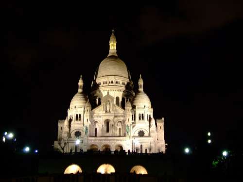 Paris France Night Evening Basilique Du Sacre Coeur