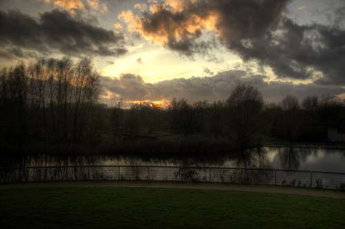 Park Sunset Grass Water Brook Green Clouds Air