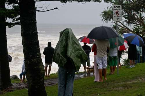 People Rain Watching Coast Sea Ocean Storm Swell