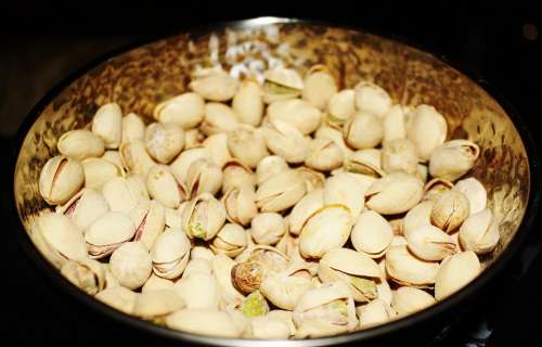 Pistachios Salty Shell Delicious Snack Brass Bowl