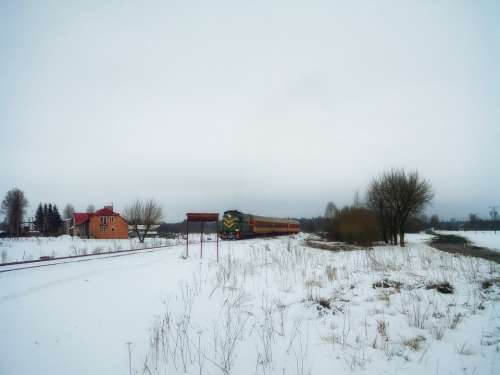 Poland Train Winter Snow Sky Clouds Landscape