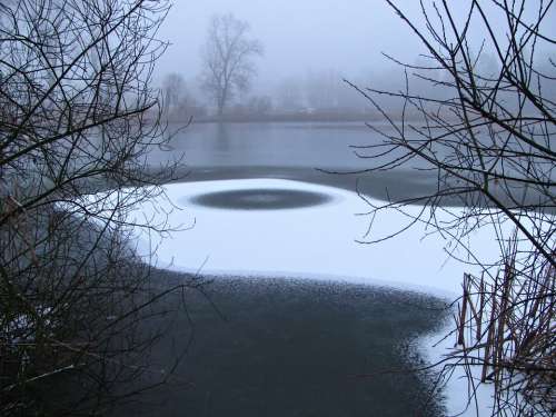 Pond Winter Ice Icy Fog Foggy Blue Hour