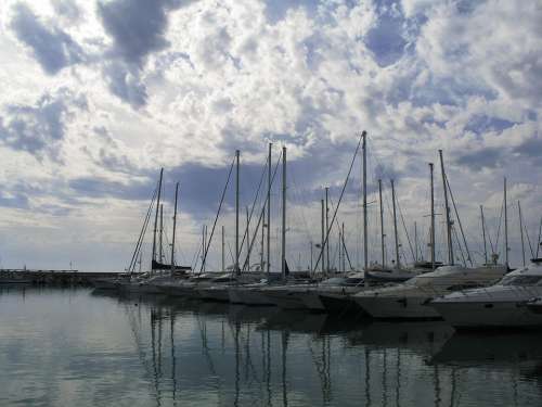 Port Boats Sailboats Clouds Sea