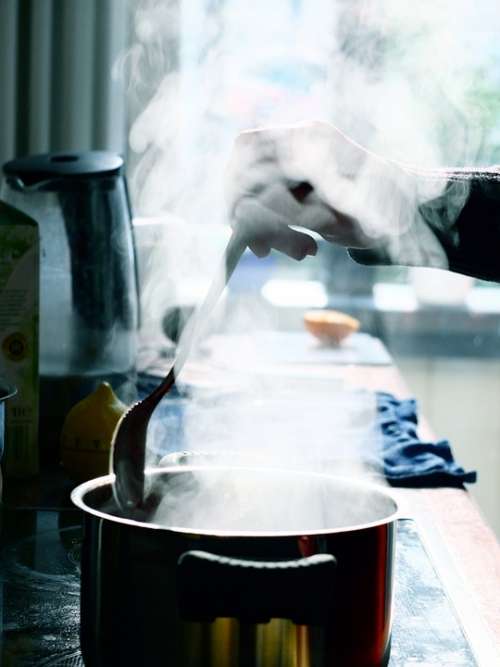 Pot Kitchen Steam Smoke Spoon Stir Cook