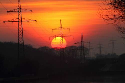 Power Poles Power Line Sunset Evening Mood Sun
